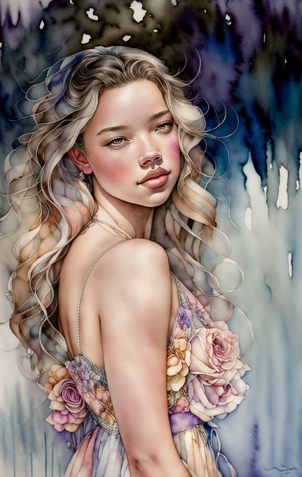 Stylized portrait of woman with curly hair against melting watercolor backdrop