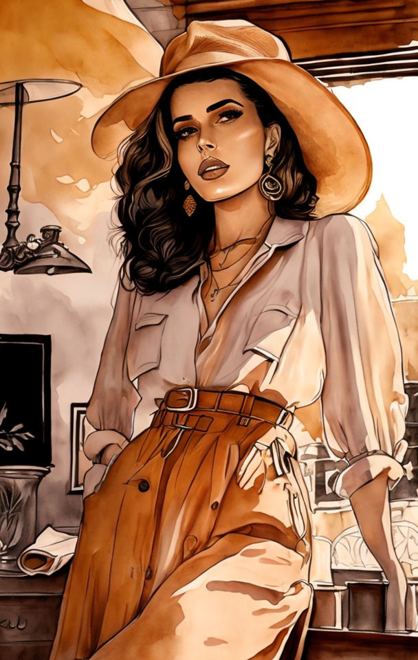 Fashionable woman with wavy hair in wide-brimmed hat and hoop earrings