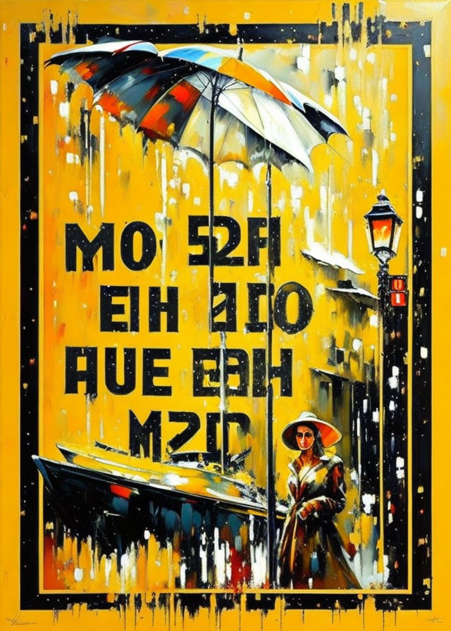 Vibrant Painting of Person with Umbrella in Yellow Tones