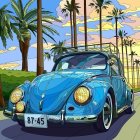 Colorful Stylized Painting of Volkswagen Beetle in Abstract Forest Setting