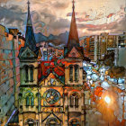 Colorful Stylized Church and Houses Painting with Swirling Sky