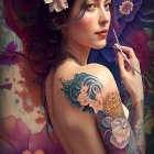 Colorful tattooed woman in blue headscarf with white flowers: Detailed illustration