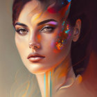 Dark-haired woman with intense gaze and colorful abstract patterns portrait.