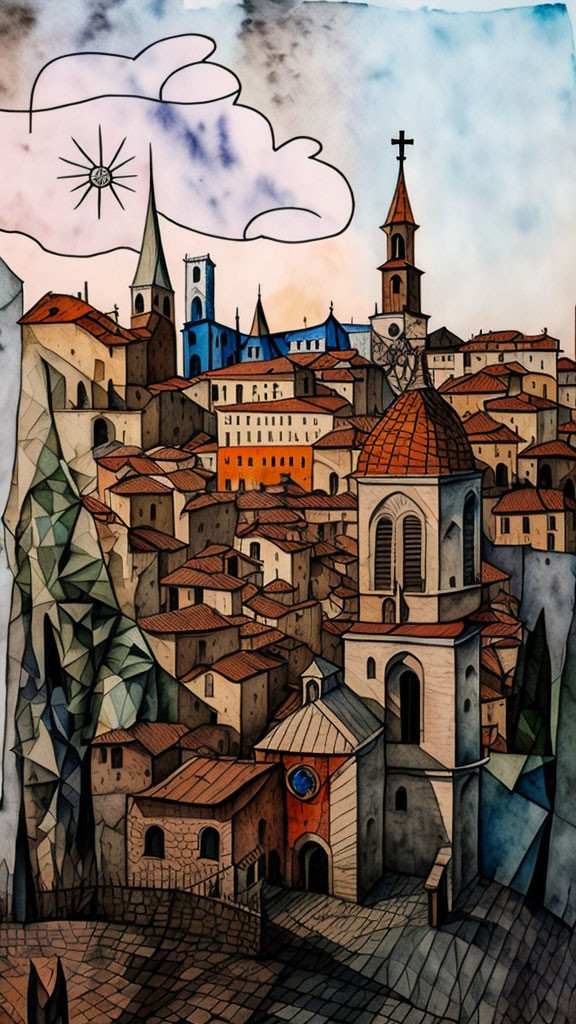 Stylized painting of old town with clustered buildings and church domes