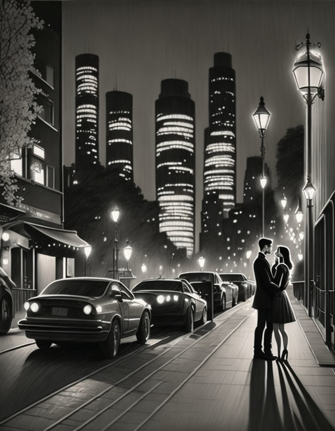 Monochrome city street night scene with couple and retro cars