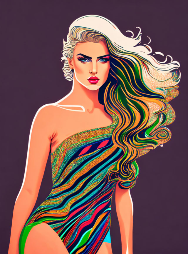 Vibrant illustration: Woman with colorful, voluminous hair in patterned bodysuit on purple