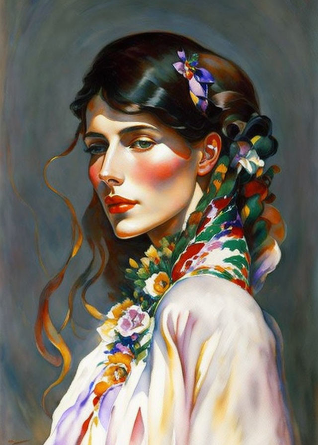 Portrait of woman with braided floral hairstyle and scarf