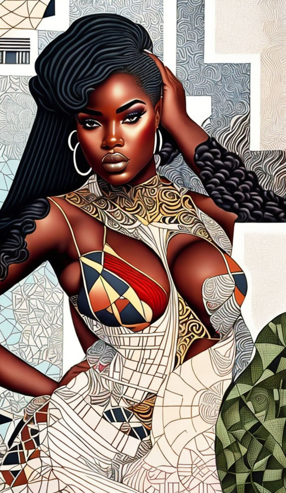 Illustration of woman with black hair, gold tattoos, geometric dress, against mosaic background