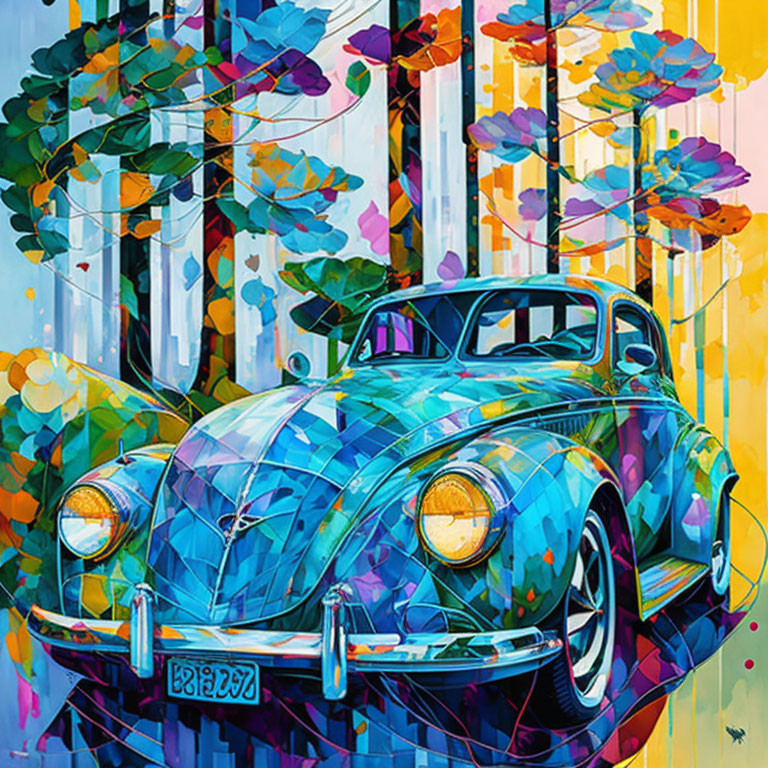 Colorful Stylized Painting of Volkswagen Beetle in Abstract Forest Setting