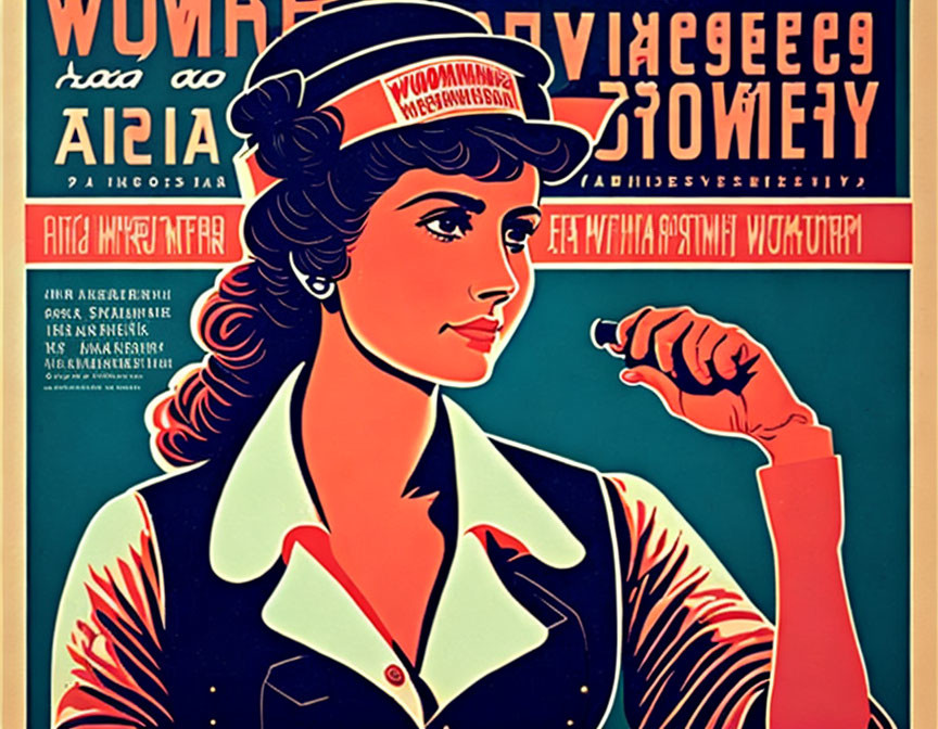 Vintage-Style Propaganda Poster with Determined Woman in Blue Cap and Cyrillic Text