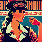 Vintage-Style Propaganda Poster with Determined Woman in Blue Cap and Cyrillic Text