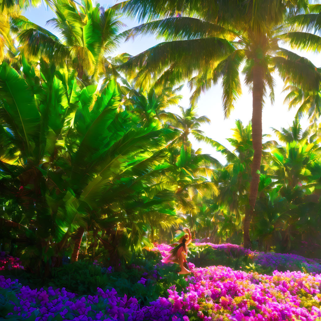 Lush Tropical Garden with Palm Trees and Colorful Flowers