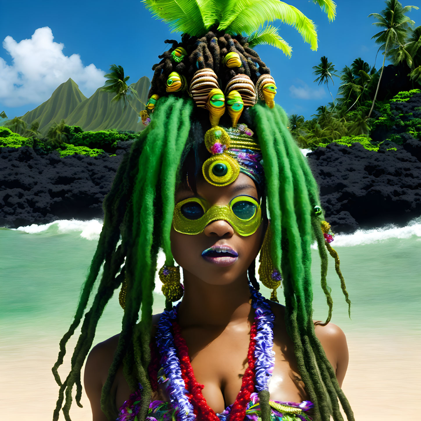 Person with Green Dreadlocks and Vibrant Makeup on Tropical Beach