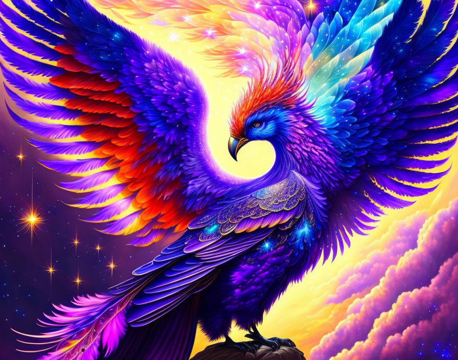 Colorful Mythical Phoenix Against Starry Sky with Glowing Clouds