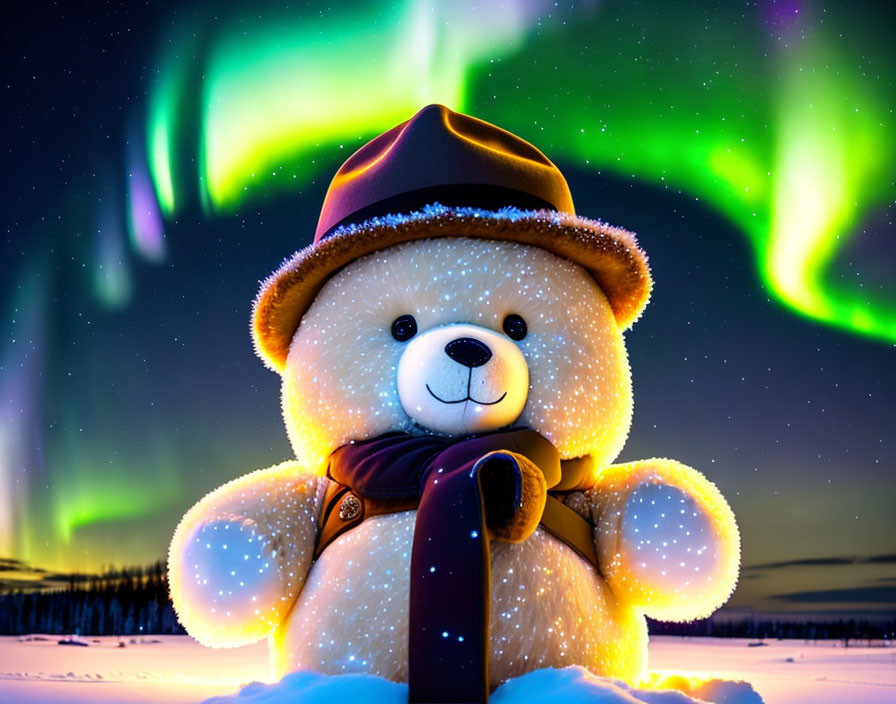 Plush Teddy Bear in Hat and Scarf Under Aurora Borealis