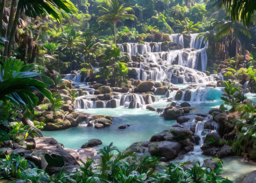 Tranquil multi-tiered waterfall in lush tropical forest