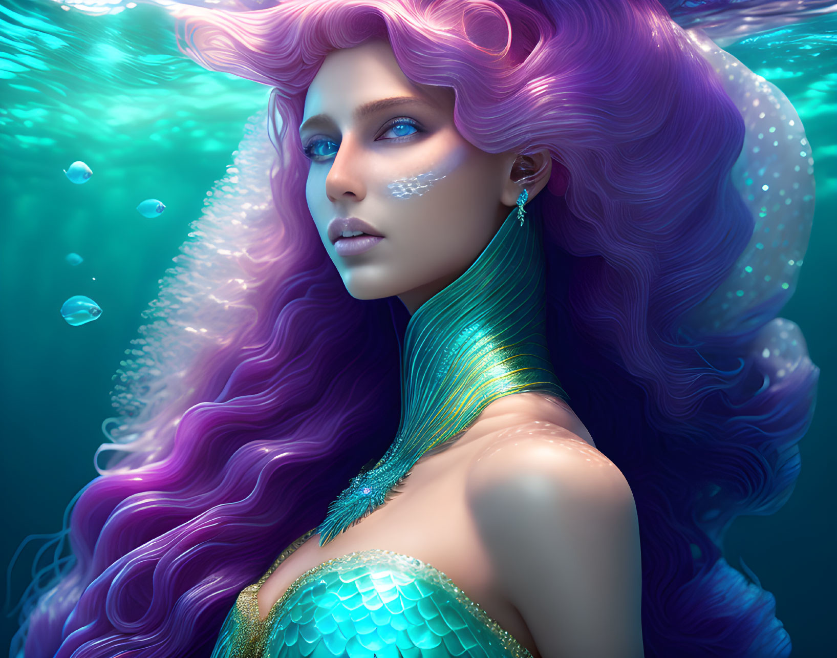 Vibrant purple-haired mermaid underwater with detailed scales and blue eyes