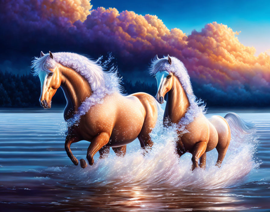 Majestic horses running in water under vibrant sunset