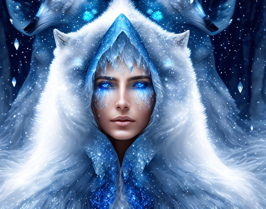 Fantastical woman with blue eyes in ice-crystal crown and cloak, surrounded by mystical blue wolves