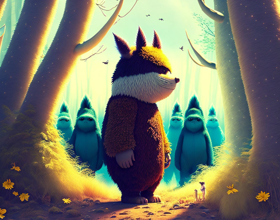 Fox-like creature leads procession of blue fuzzy creatures in golden-lit forest