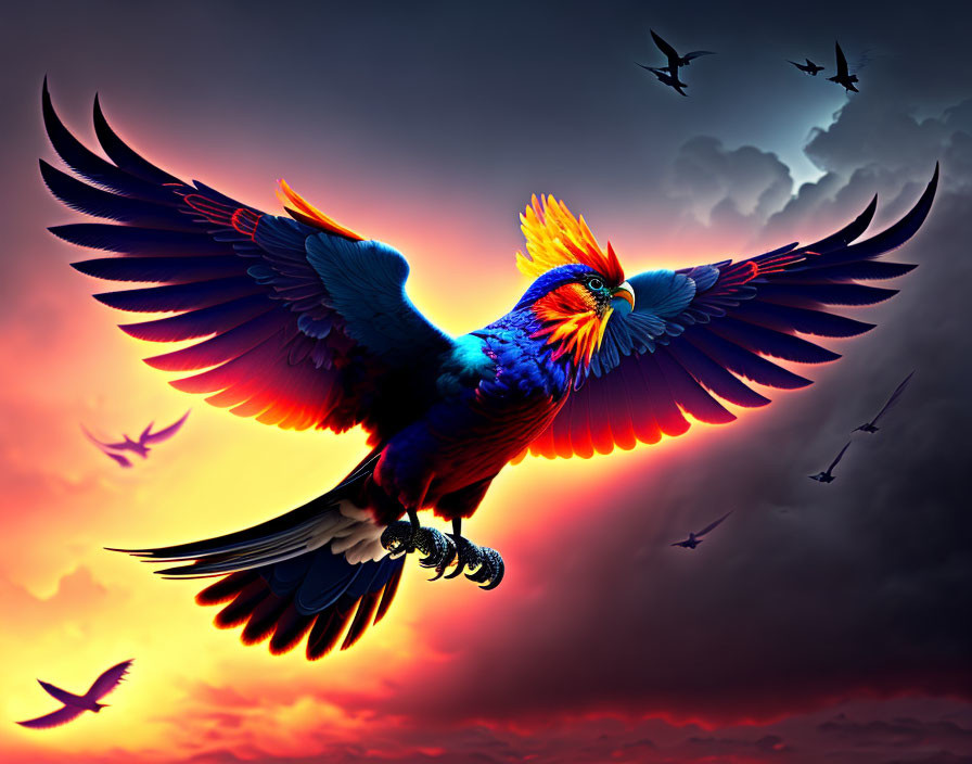 Colorful Parrot Soaring in Sunset Sky with Silhouetted Birds