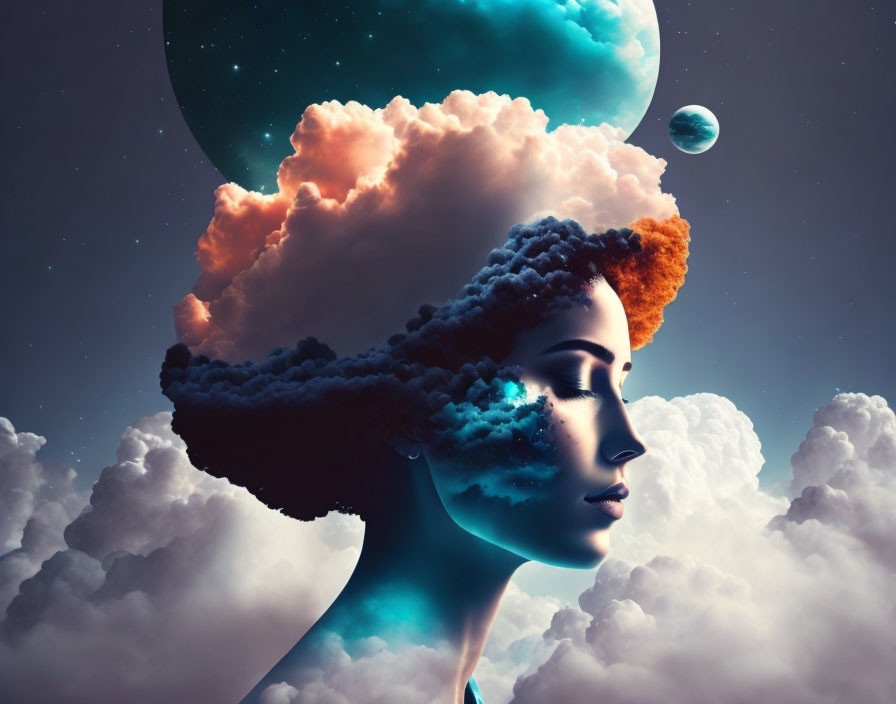 Surreal portrait of woman with hair blending into clouds and night sky silhouette