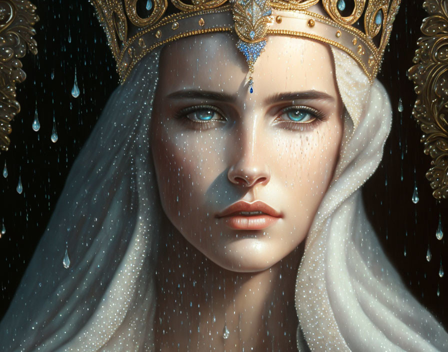 Regal woman with blue eyes, golden crown, white veil, and teardrop jewels