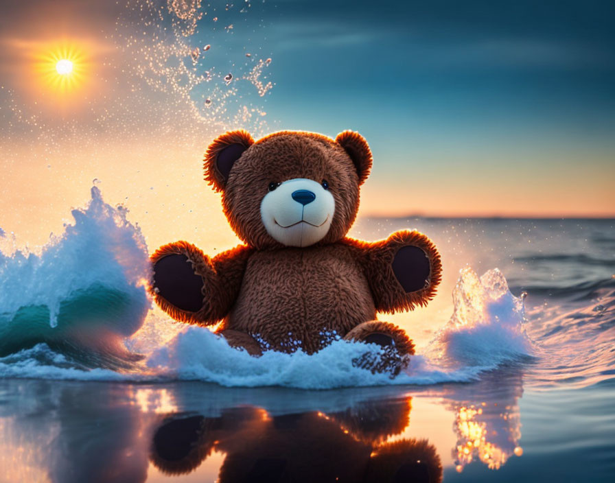 Teddy bear on beach with crashing waves at sunset