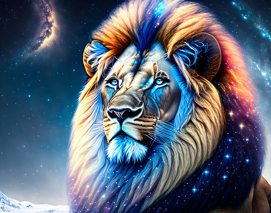 Majestic lion with vibrant mane in cosmic night sky