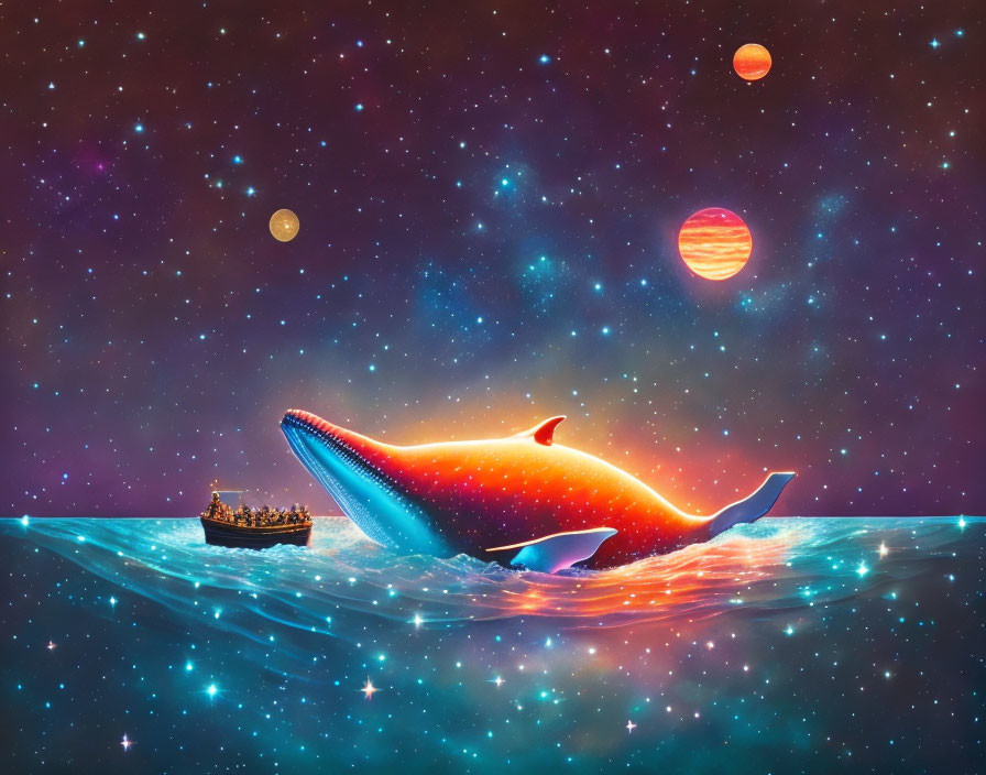 Whale and small boat in cosmic sea with starry sky and colorful planets