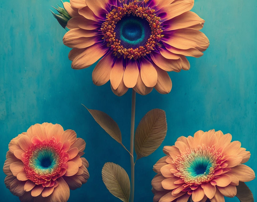 Colorful Sunflower and Gerberas on Blue Background