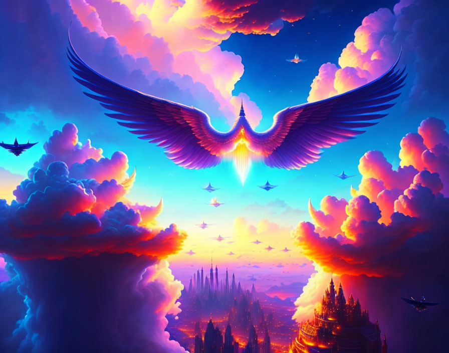 Fantasy sky with bird silhouette, paper planes, islands, city in blue and pink.