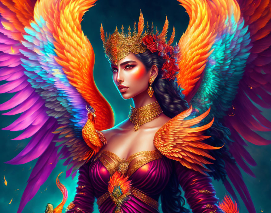 Regal woman with multicolored wings and golden crown on teal backdrop