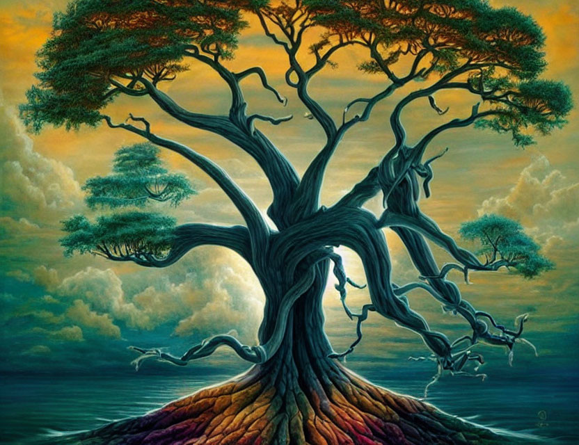 Colorful painting of majestic tree against dramatic sky