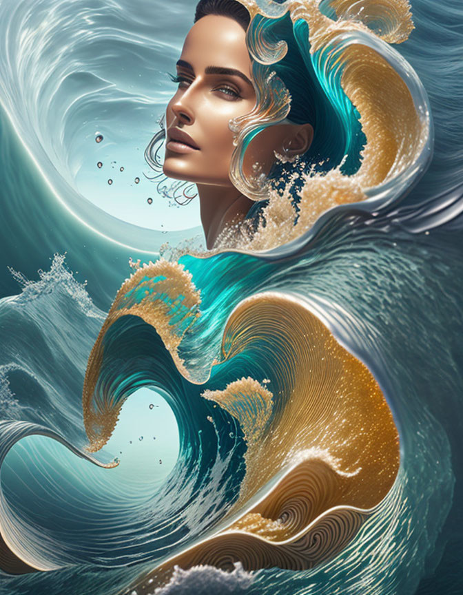 Surreal image: Woman's face merging with flowing wave-like hair in teal and gold palette