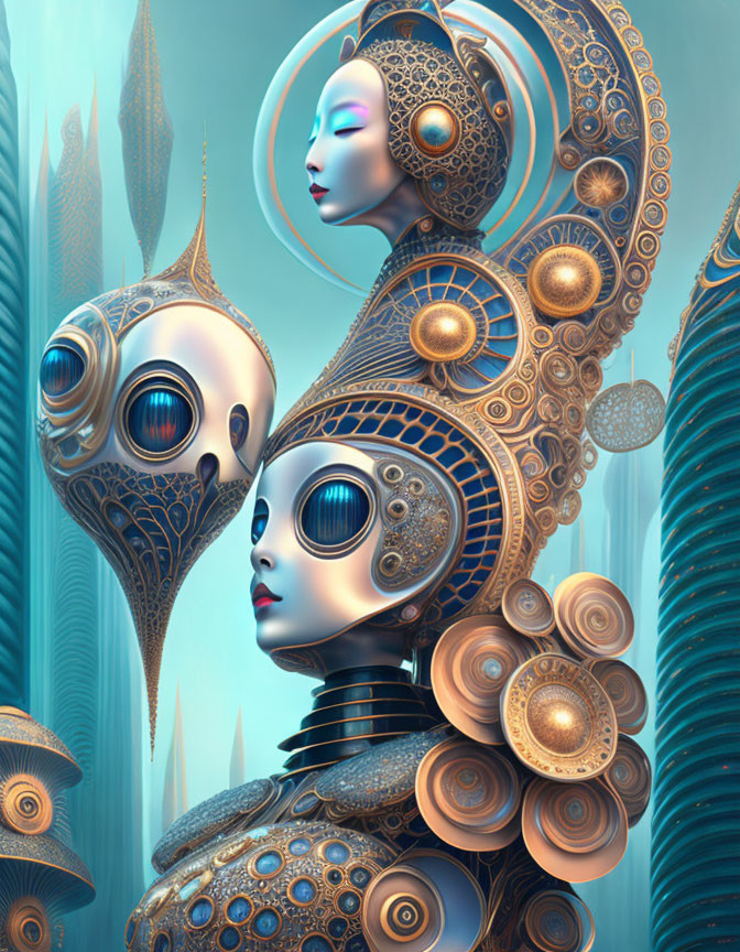 Stylized robotic women with gold and blue headpieces in futuristic setting