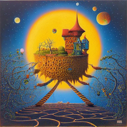 Fantastical treehouse painting with red roof, floating planets, and starry sky