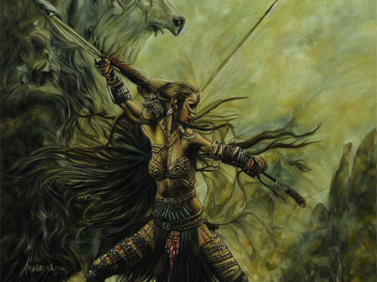 Warrior woman in tribal attire wields a spear amid intense battle