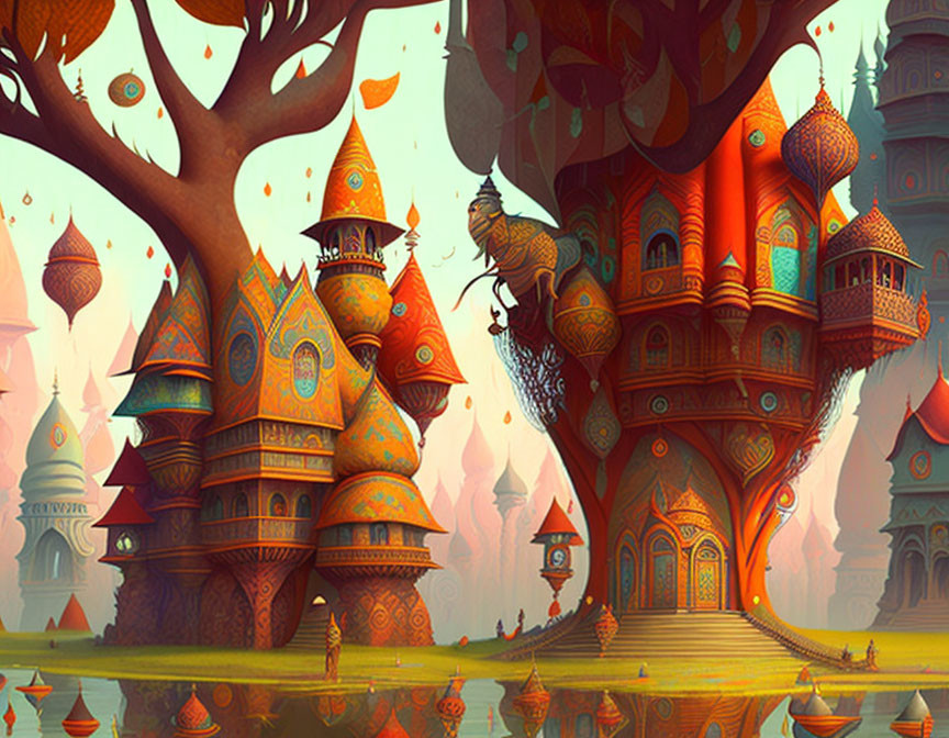 Fantasy architecture and floating lanterns in vibrant forest illustration