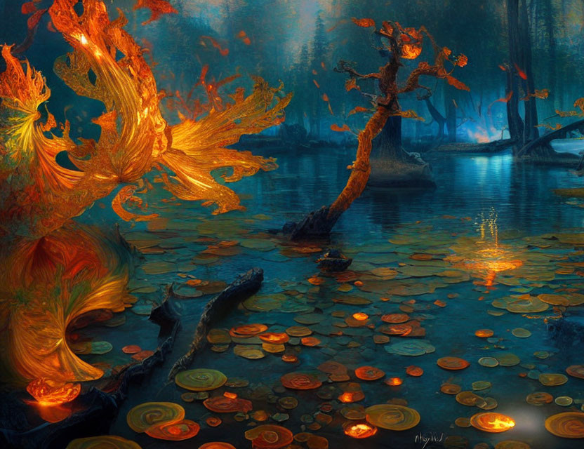 Mystical forest with fiery orange trees and reflective blue pond.