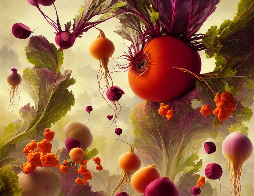 Surreal artwork: Large red root vegetable with eye, floating beets, turnips, and