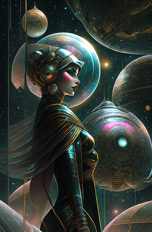 Futuristic female figure with elaborate headgear and celestial backdrop
