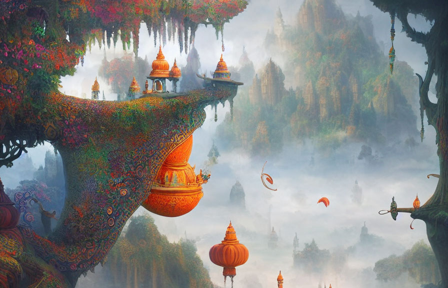 Colorful floating islands, temples, and hot air balloons in fantastical landscape