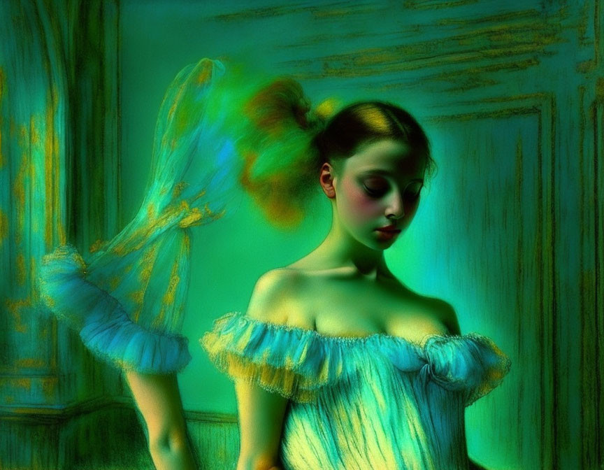 Ethereal woman with translucent wings against emerald backdrop