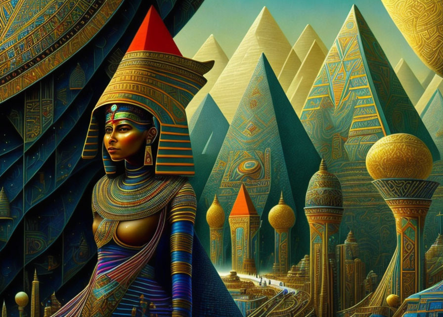 Illustration of Egyptian queen with pyramids and hieroglyphs