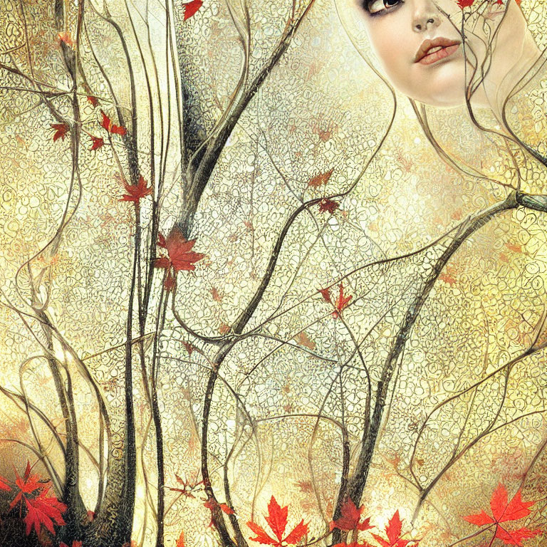 Woman's Face Partially Concealed by Autumn Branches on Golden Background