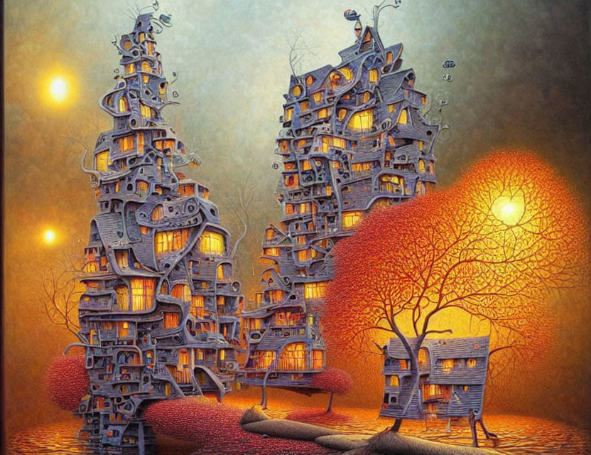 Whimsical surreal artwork: towering houses, glowing lights, autumnal landscape