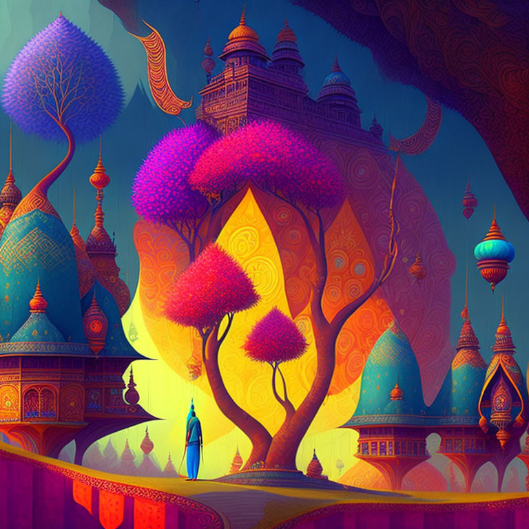 Colorful trees, whimsical buildings, and floating lanterns in a vibrant fantasy landscape