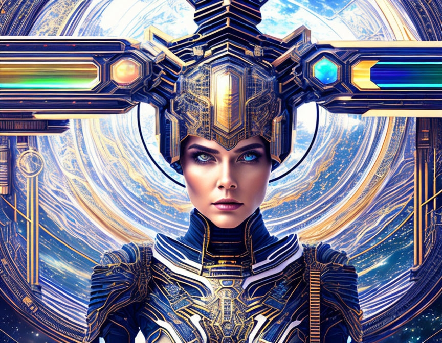 Futuristic female figure in sci-fi helmet and armor against cosmic backdrop