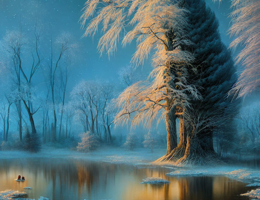 Snow-covered trees, calm lake, person on boat: serene winter scene.